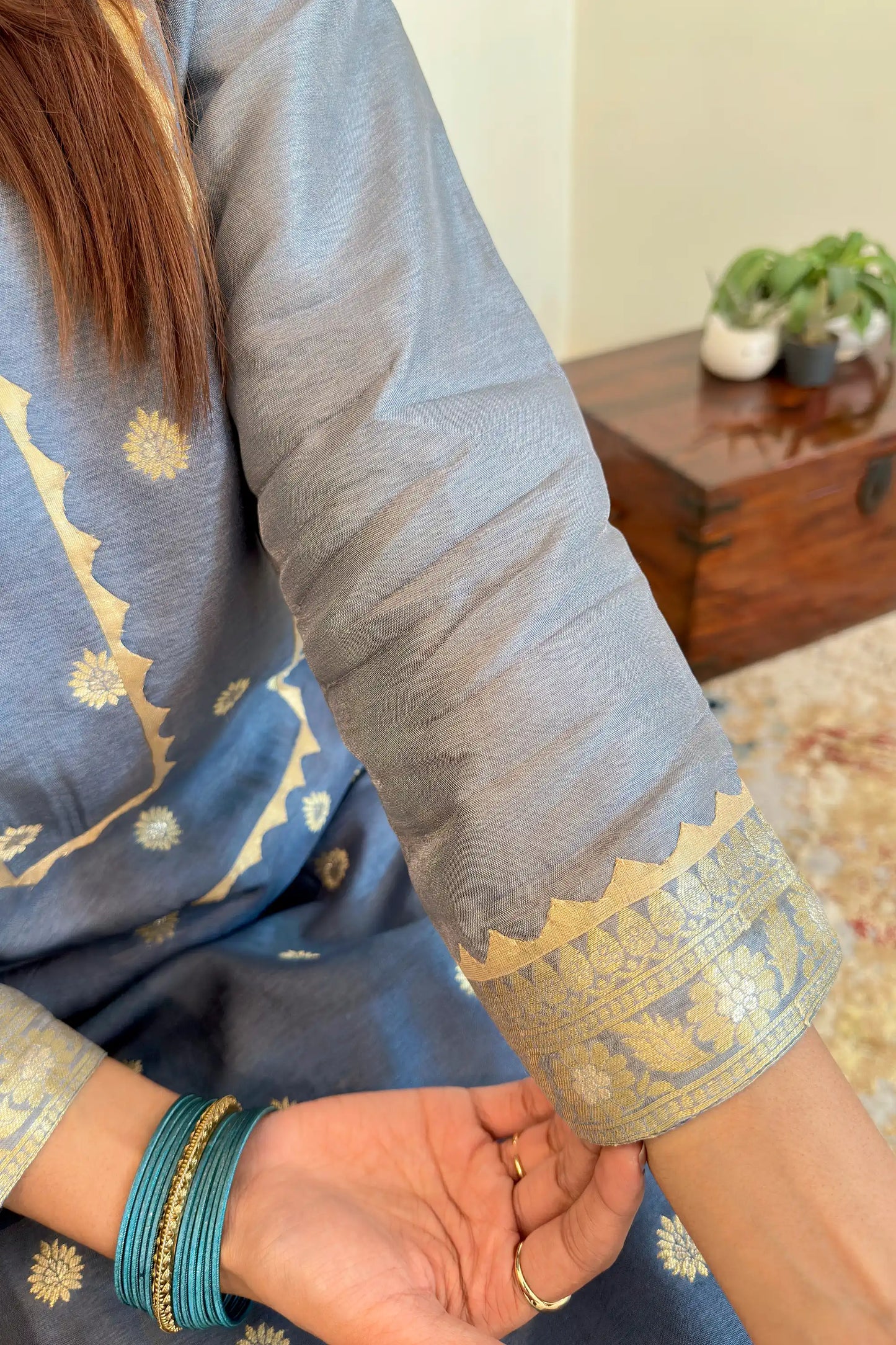 Grey Banarasi Silk Party Wear Kurta Set with applique work