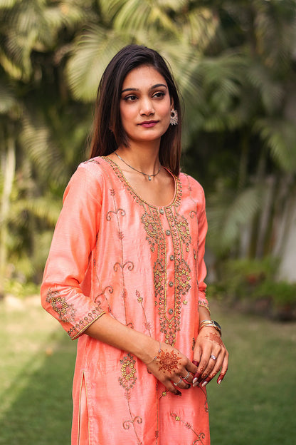 Peach chanderi zardozi work kurta and dupatta with peach palazzo