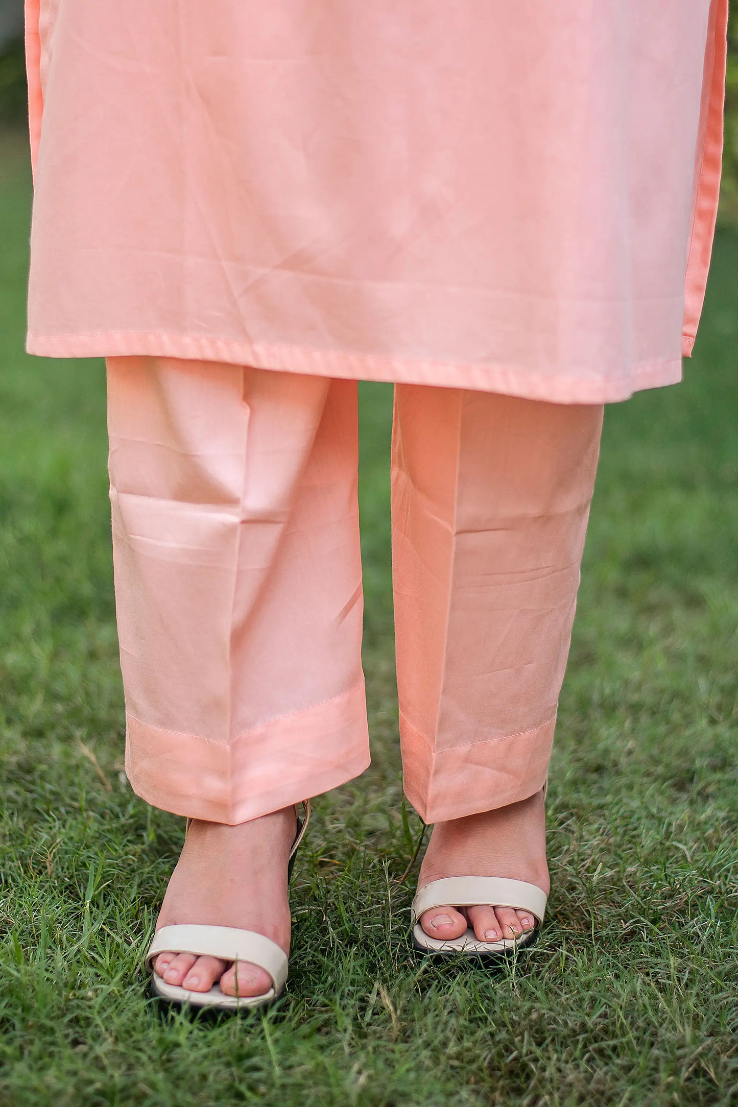 Pastel peach russian silk kurta & trousers, peach chanderi dupatta with cutwork