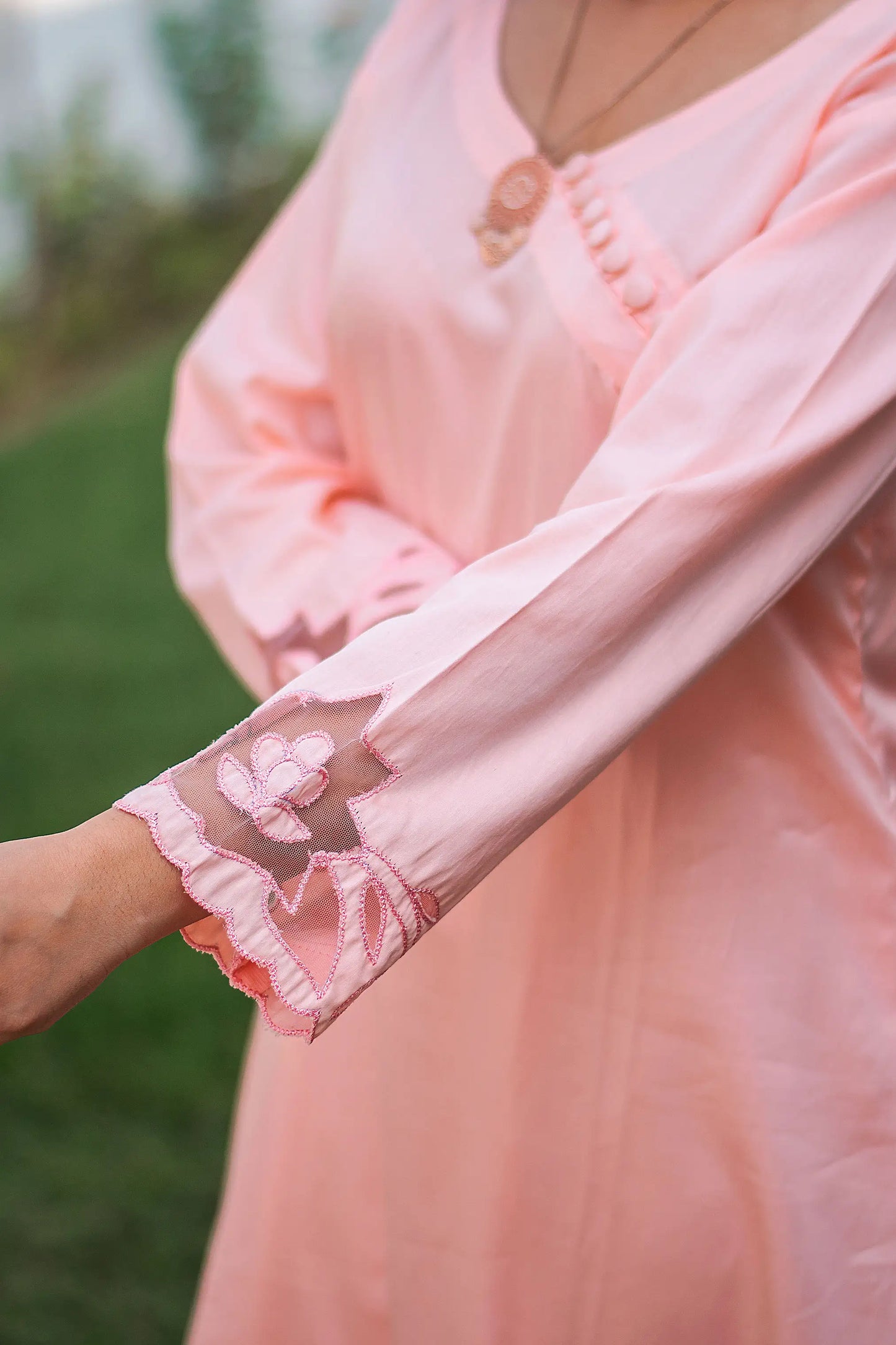 Pastel peach russian silk kurta & trousers, peach chanderi dupatta with cutwork