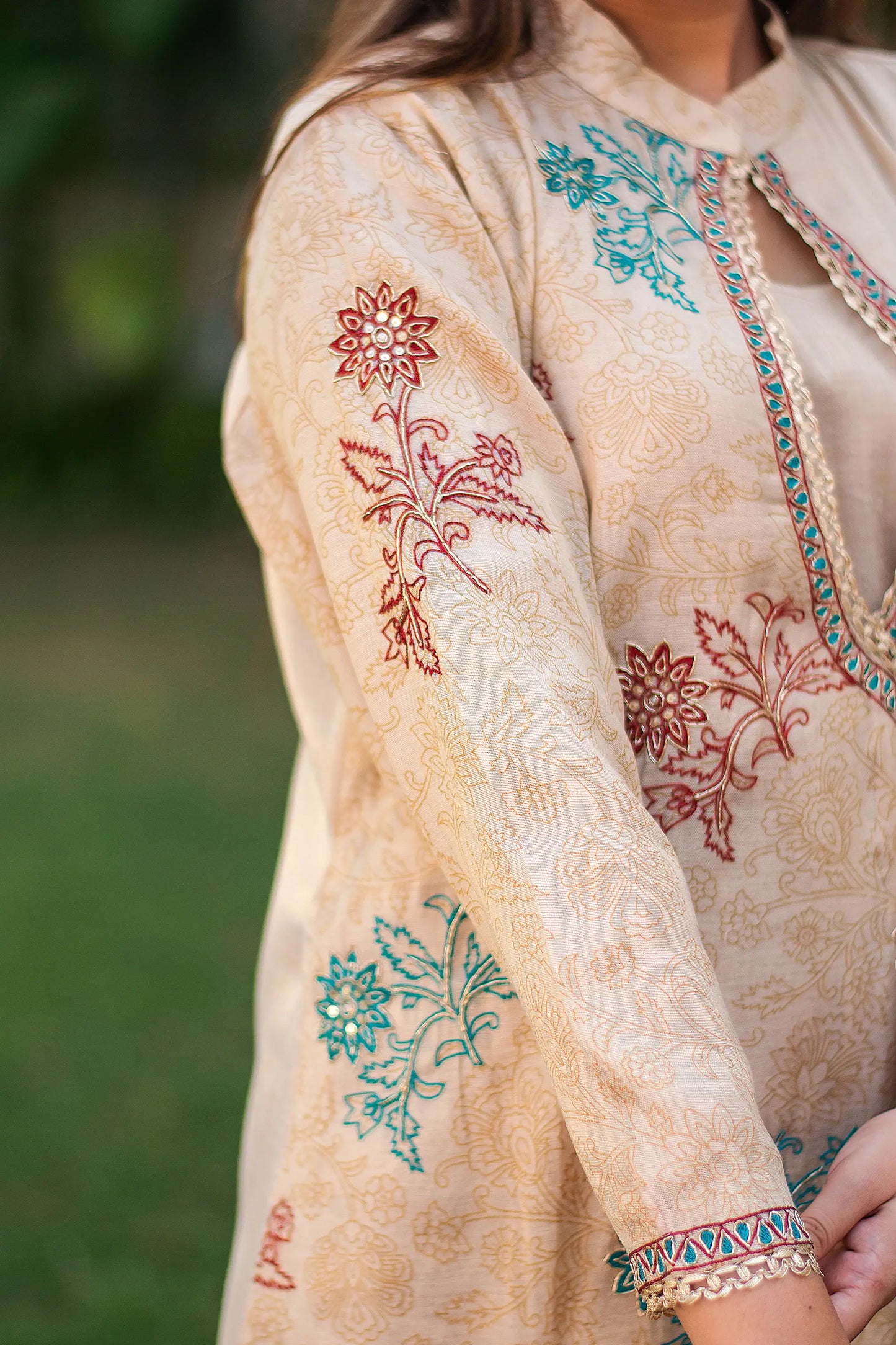 Beige angrakha kurta, palazzo and tissue dupatta with hand embroidery