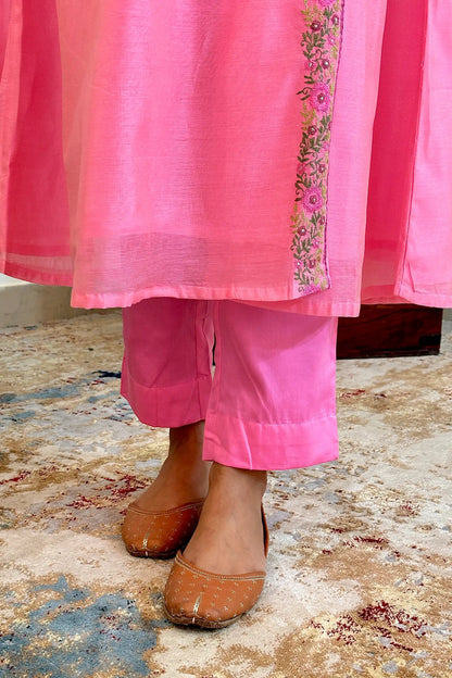 Pink Chanderi Resham Embroidered Angarkha Formal Wear Suit