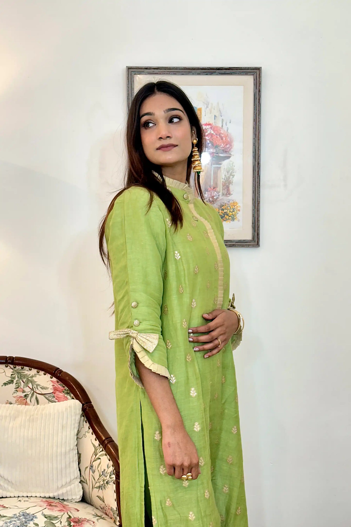 Green Zari Woven Linen Formal Wear Kurta Set