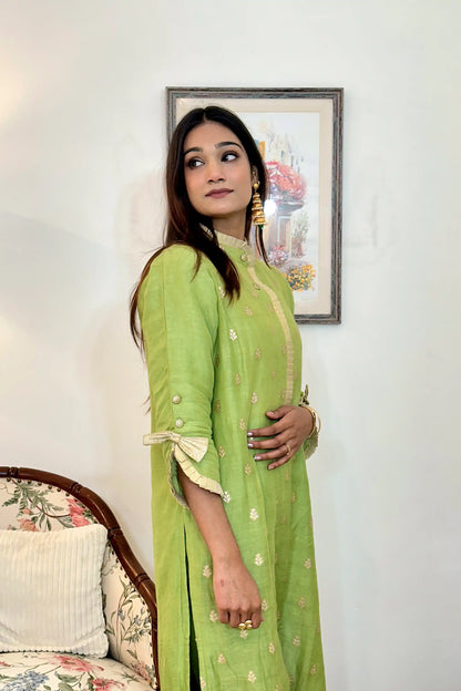 Green Zari Woven Linen Formal Wear Kurta Set