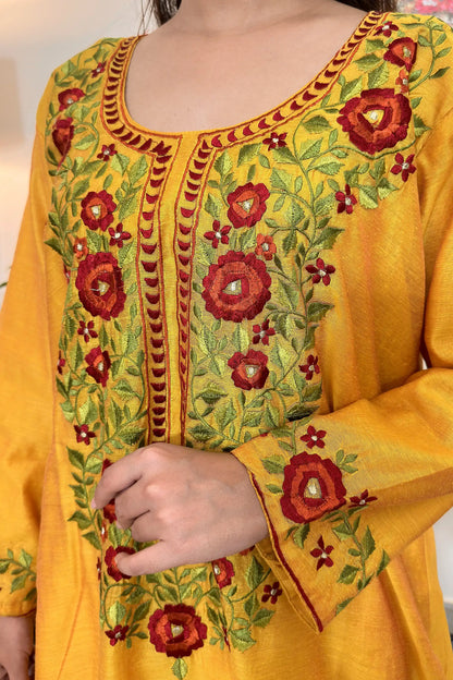 Yellow Chanderi Formal Wear Kurta Set with Floral Resham Embroidery