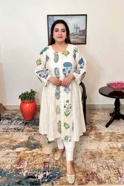 Off-white chanderi A-line kurta and dupatta with blue-green floral hand embroidery and off-white trousers