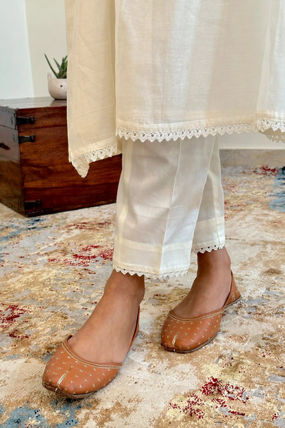 Off White Chanderi Formal wear  Kurta Set with Handworked Floral Motifs