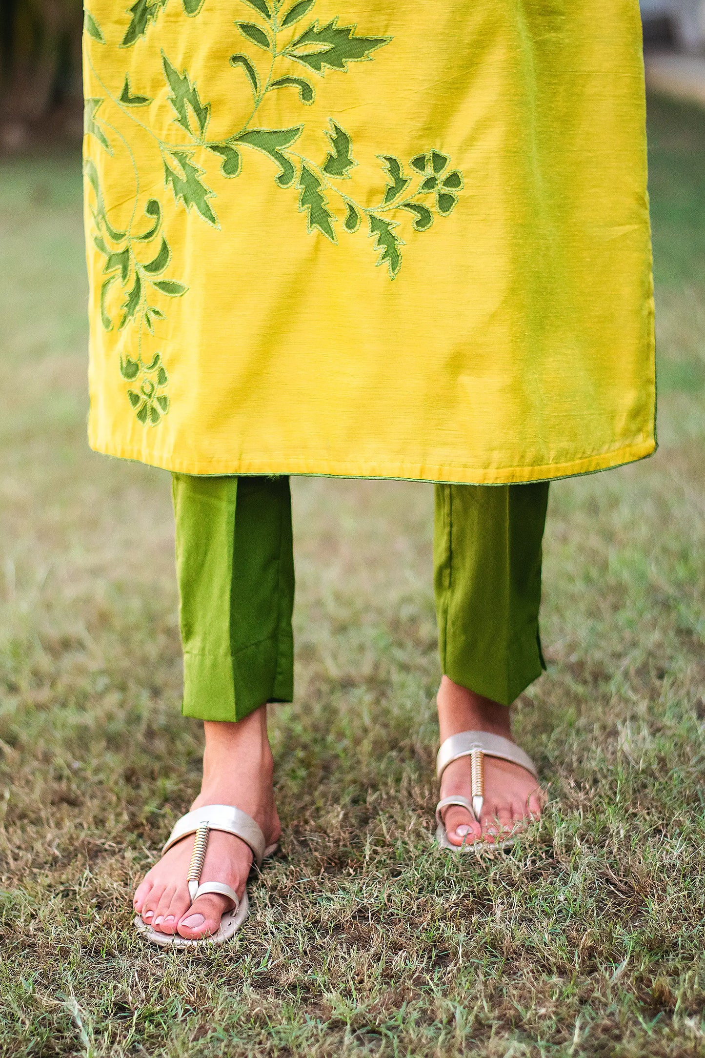 Green chanderi cutwork kurta and dupatta with green trousers