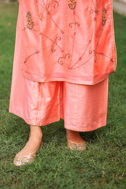 Peach chanderi zardozi work kurta and dupatta with peach palazzo