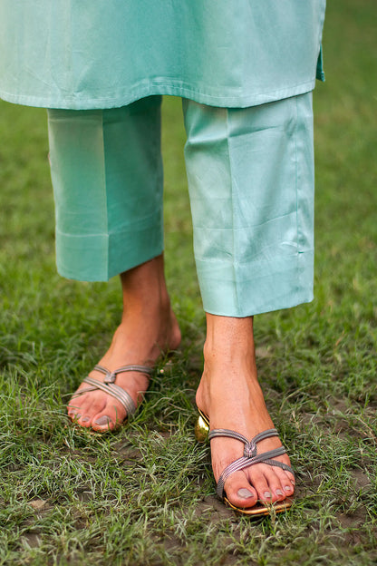 Pastel blue russian silk kurta & trousers, blue chanderi dupatta with cutwork