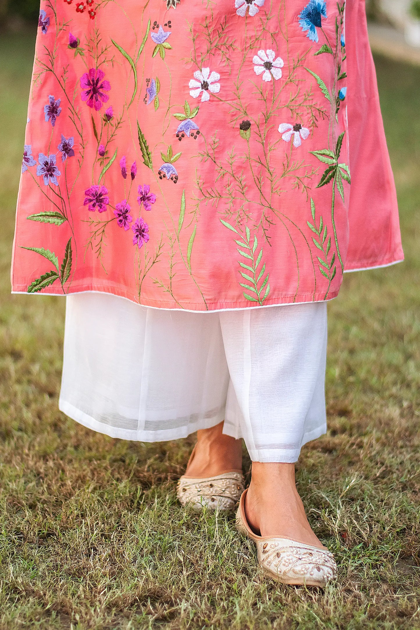 Pink resham embroidered chanderi angrakha with pink chiffon dupatta and white palazzo