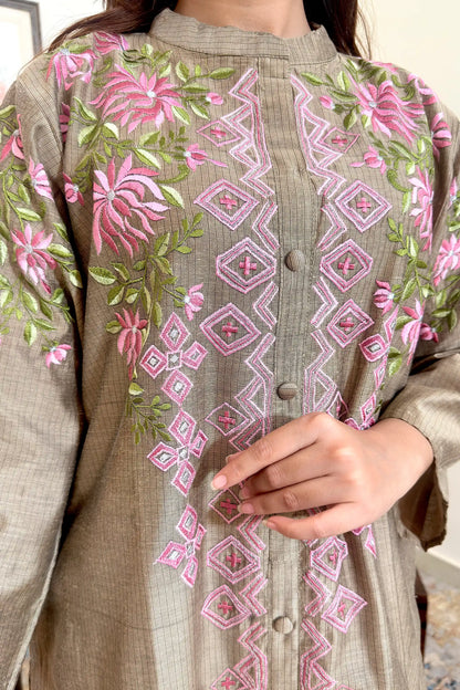 Taupe Chanderi Formal Wear Kurta Set with Resham Embroidery