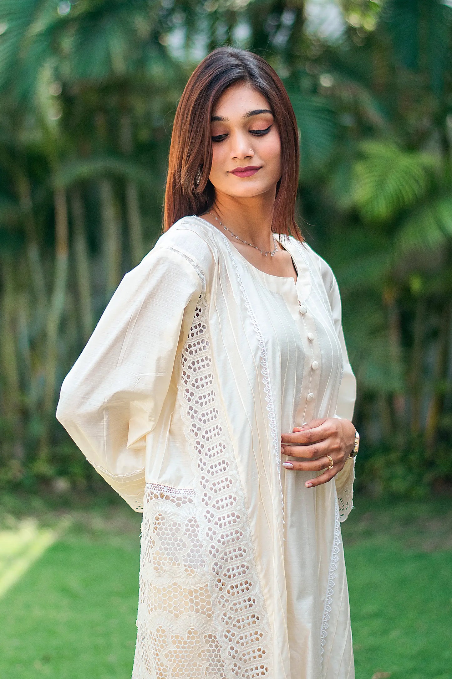 Off white cotton silk pintuck kurta, trousers and dupatta with schiffli work