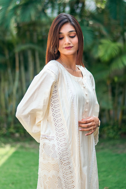 Off white cotton silk pintuck kurta, trousers and dupatta with schiffli work
