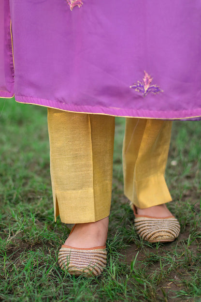 Purple ombre organza kurta, purple chiffon dupatta & golden trousers with zardozi work