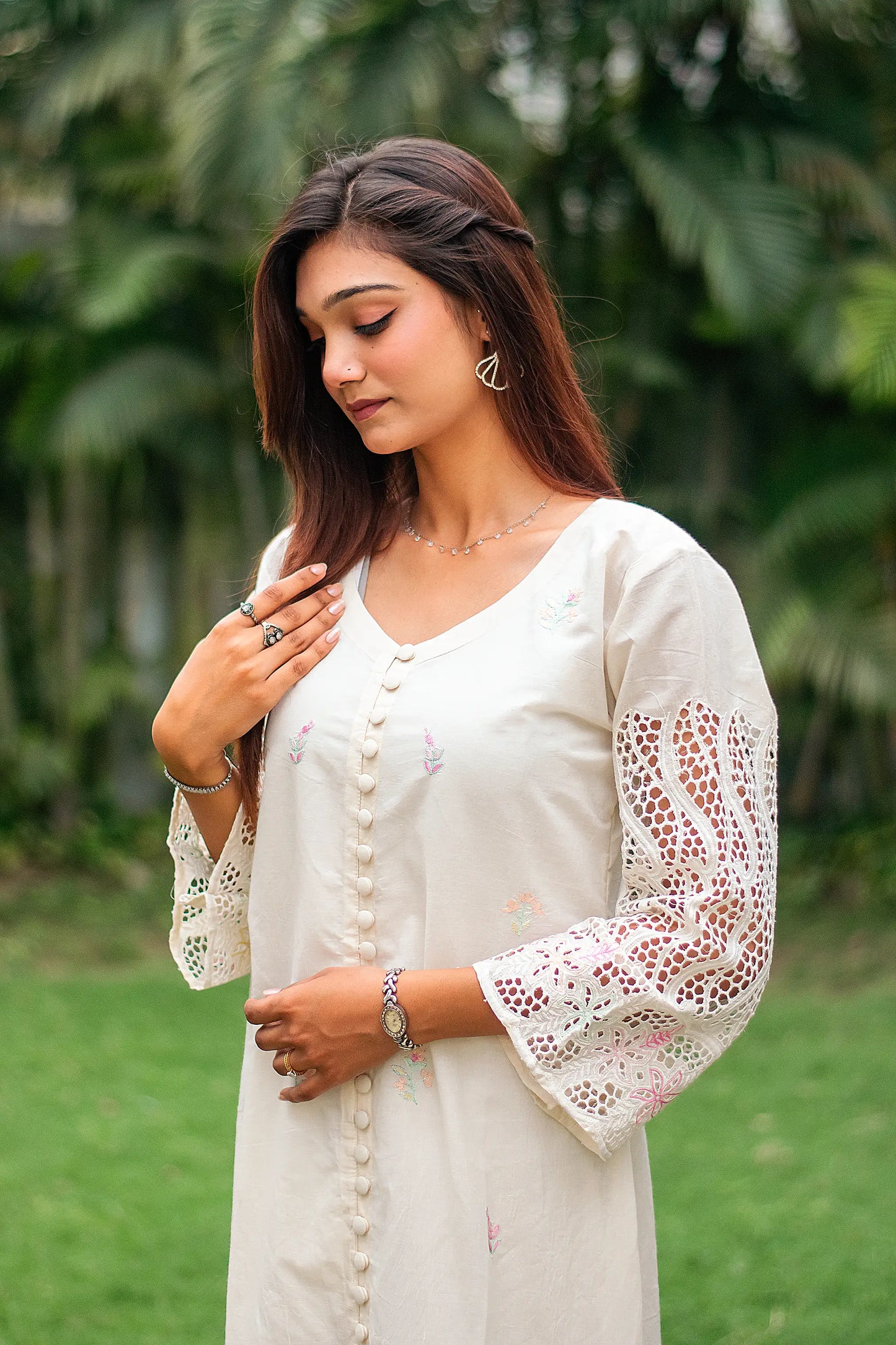 off-white cotton schiffli front-open kurti, dupatta with embroidery and off-white trousers