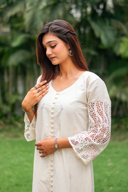 off-white cotton schiffli front-open kurti, dupatta with embroidery and off-white trousers
