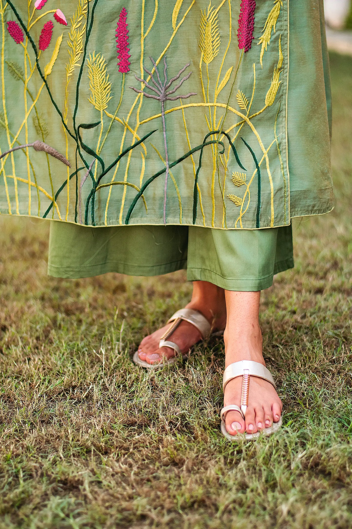 Green resham embroidered chanderi angrakha and dupatta with green palazzo