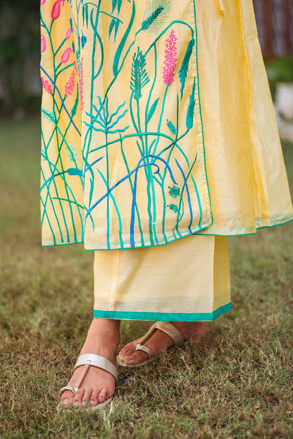 Close-up of the vibrant resham floral embroidery on the yellow angrakha kurta.