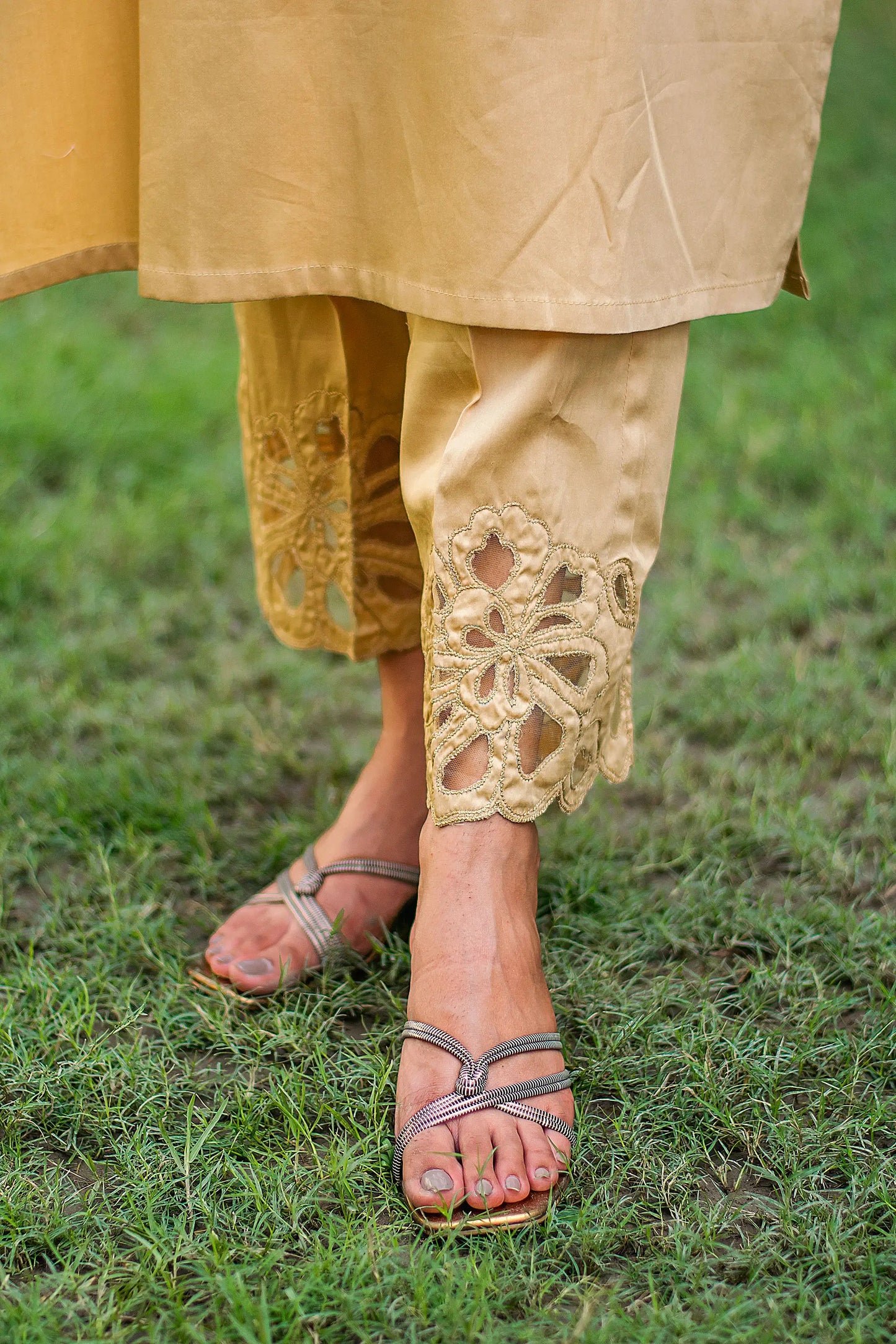 Golden russian silk kurta & trousers, golden chanderi dupatta with cutwork