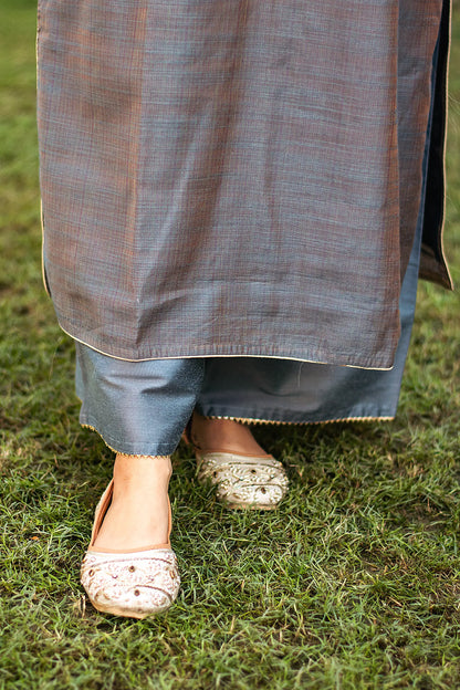 Close-up of the grey cotton silk palazzo, paired with the grey silk kurta.