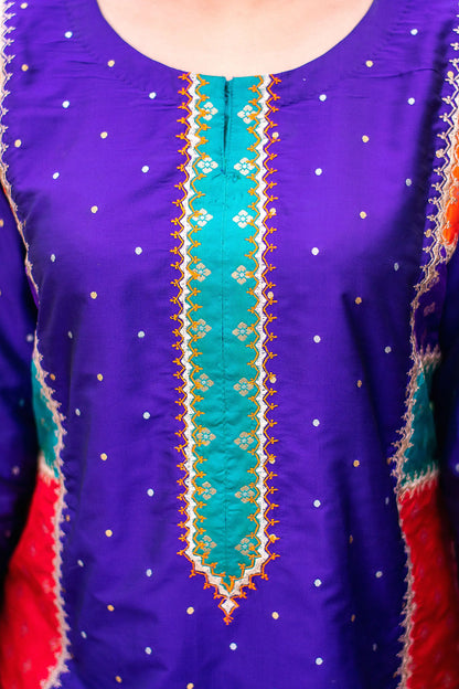 Purple silk kurta and trousers, purple chanderi dupatta with zari work