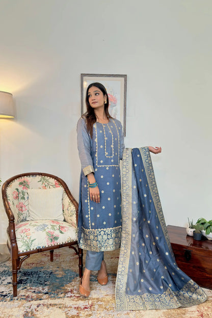 Grey Banarasi Silk Party Wear Kurta Set with applique work