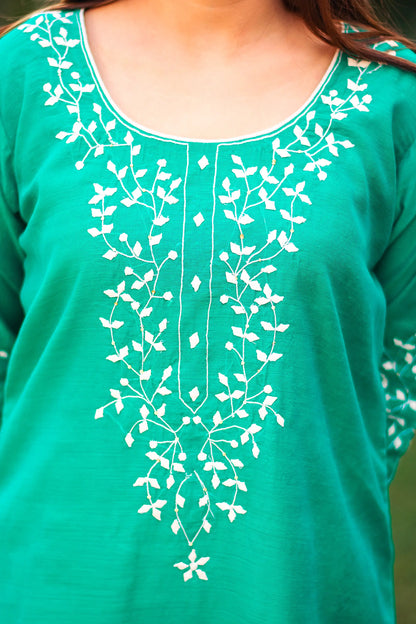 Close up of the yoke of the green chanderi kurta with applique work.