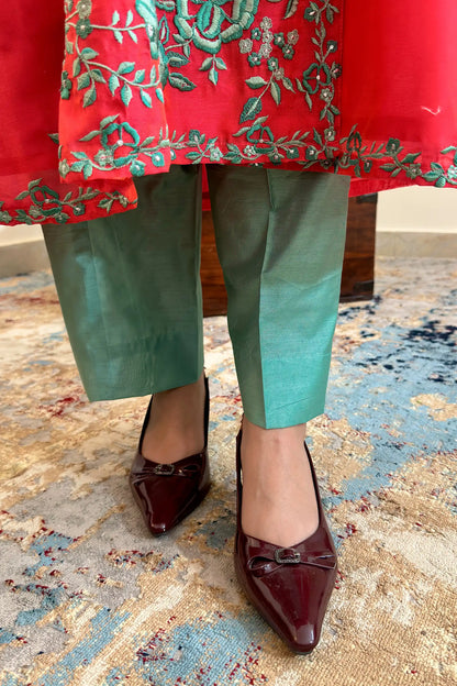 Red Chanderi Formal Wear Kurta Set with Resham Embroidery