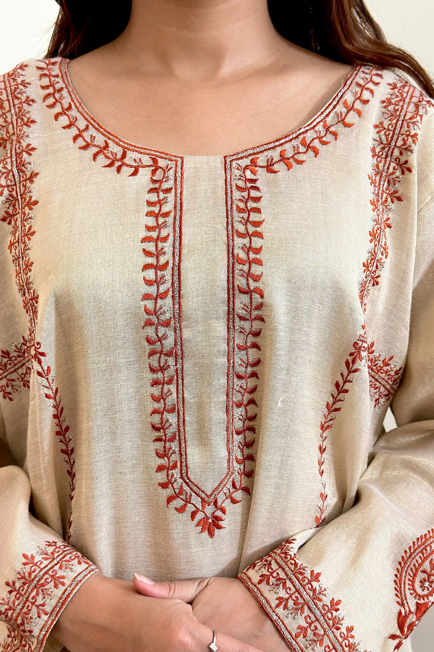 Golden Chanderi Formal Wear Kurta Set with Resham Embroidery