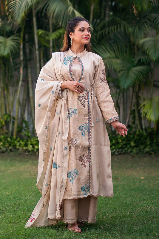 Beige angrakha kurta, palazzo and tissue dupatta with hand embroidery