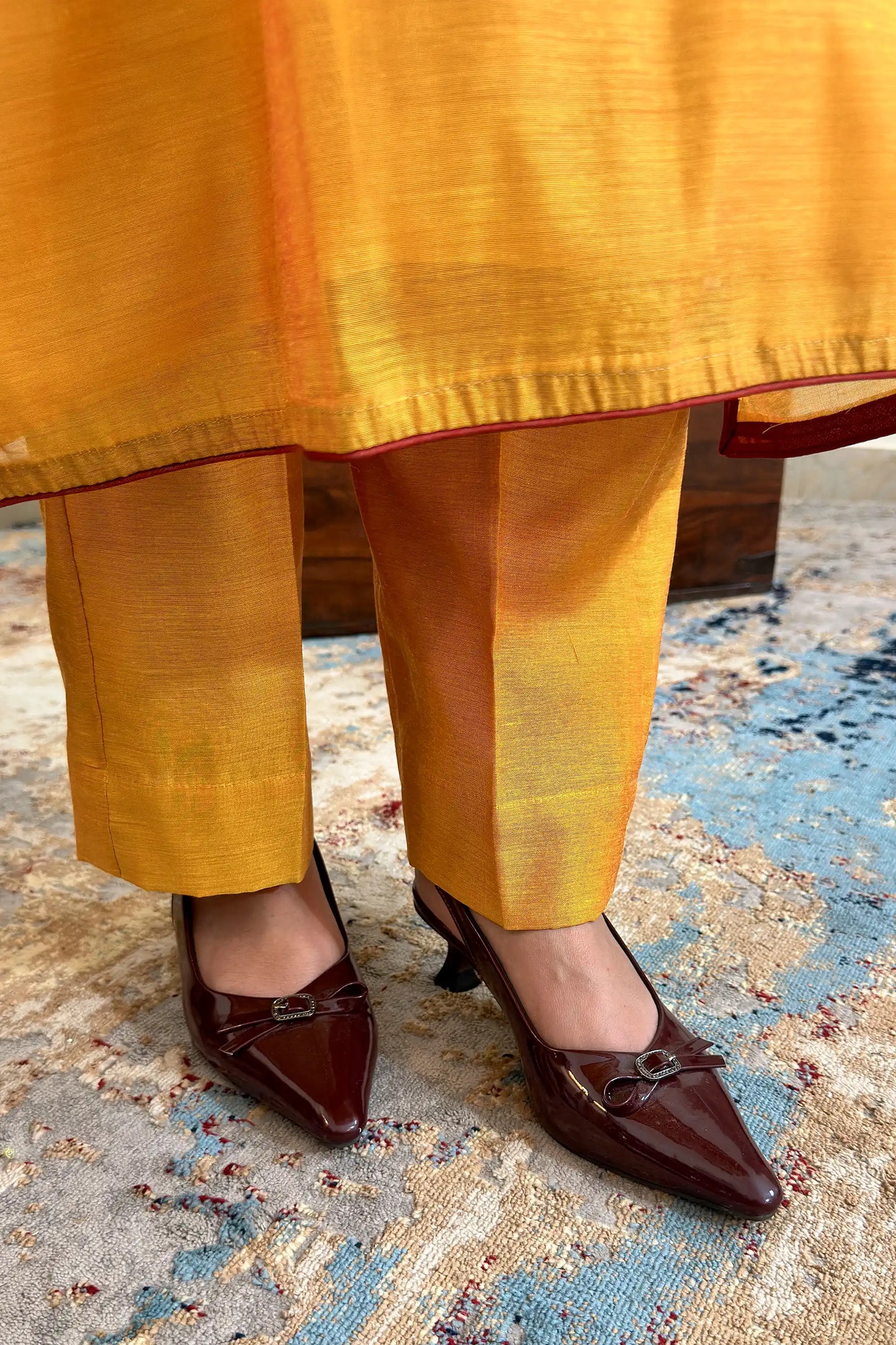 Yellow Chanderi Formal Wear Kurta Set with Floral Resham Embroidery