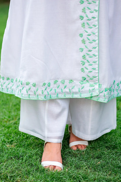 White Chanderi Green floral Applique Kurta Set