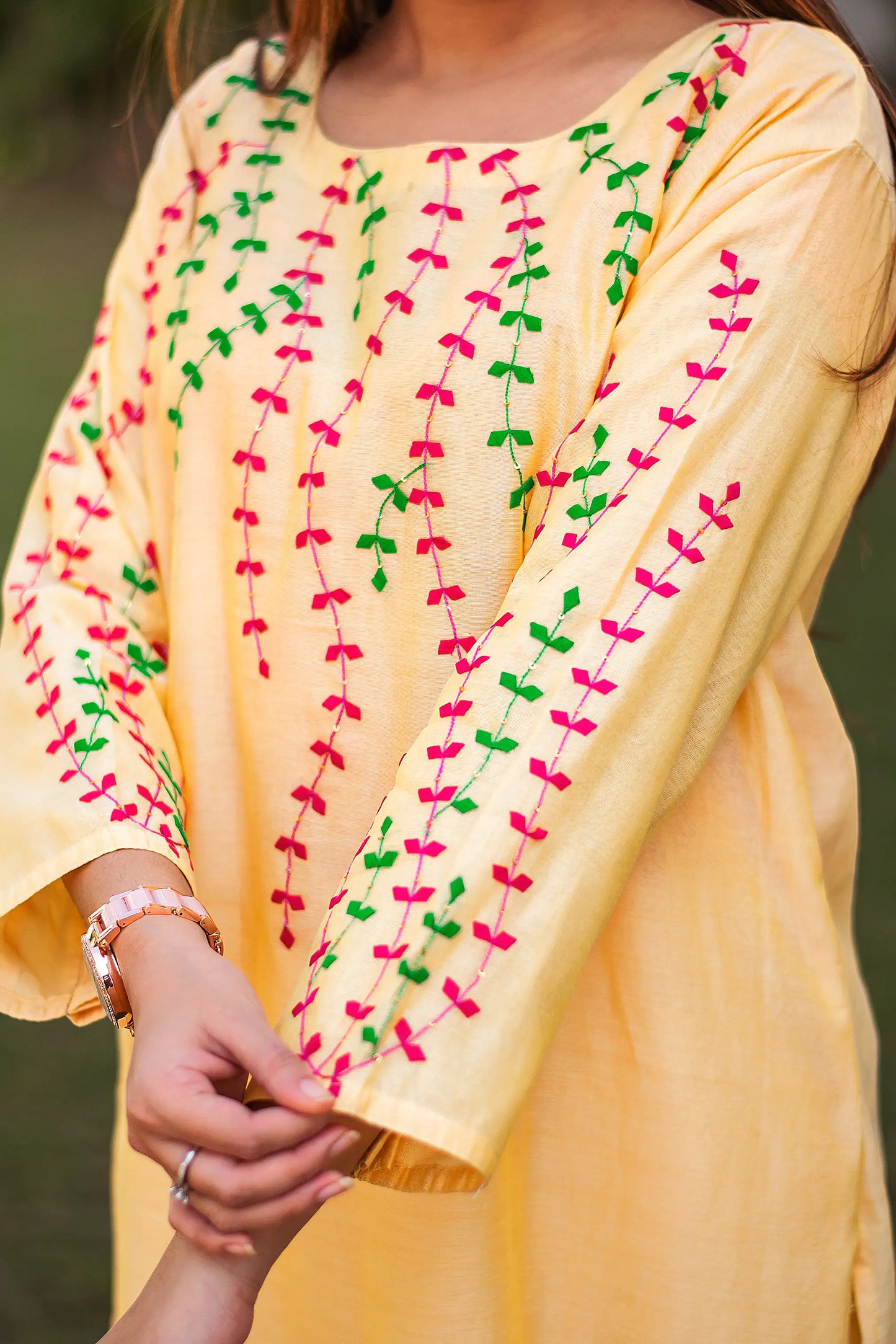 multicoloured applique work yellow chanderi kurta and dupatta with yellow trousers