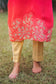 Red organza cutwork kurta and dupatta with gold trouser