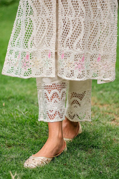 off-white cotton schiffli front-open kurti, dupatta with embroidery and off-white trousers