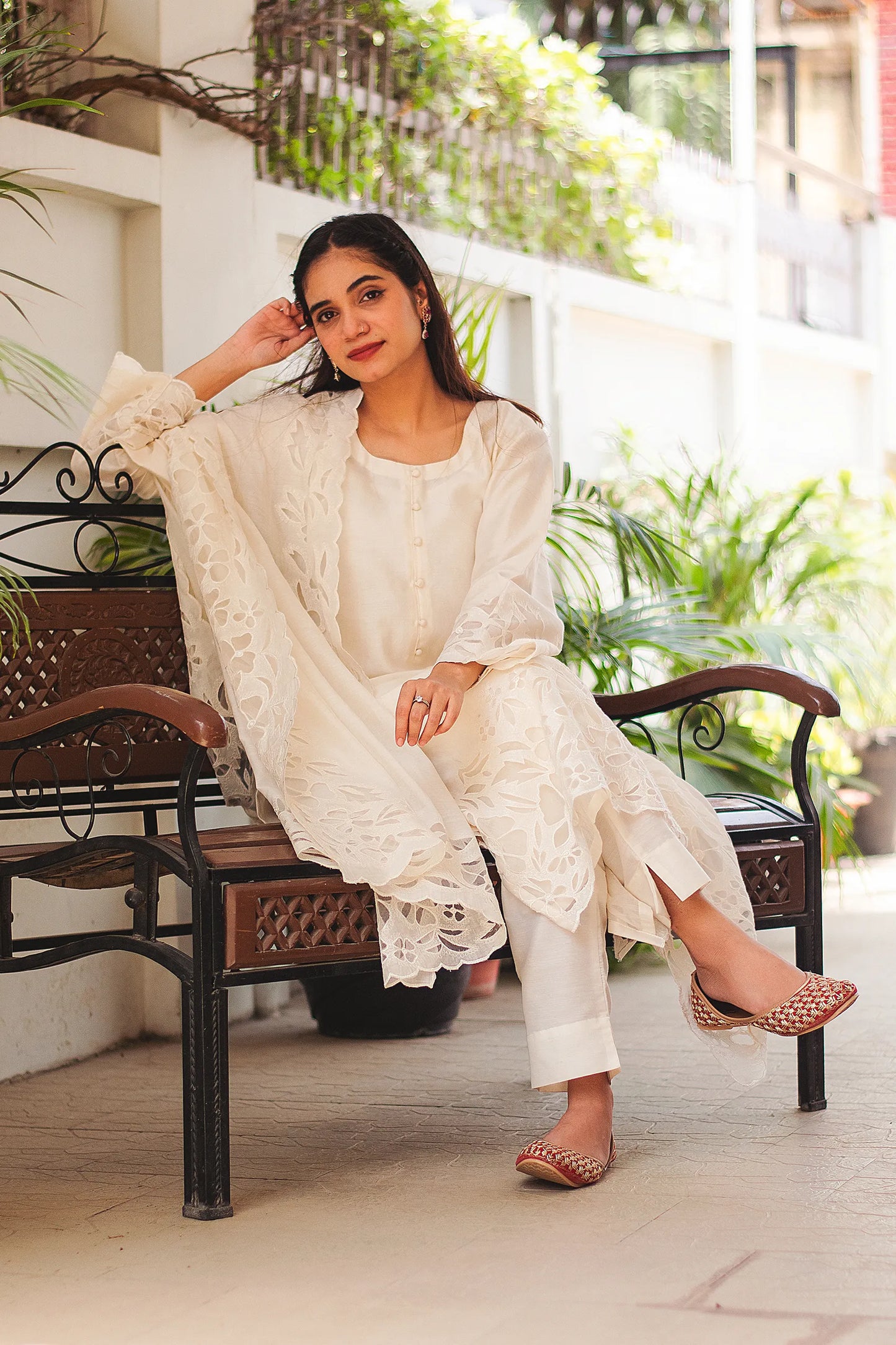 Off-white chanderi cut-work kurta and dupatta with off-white trousers
