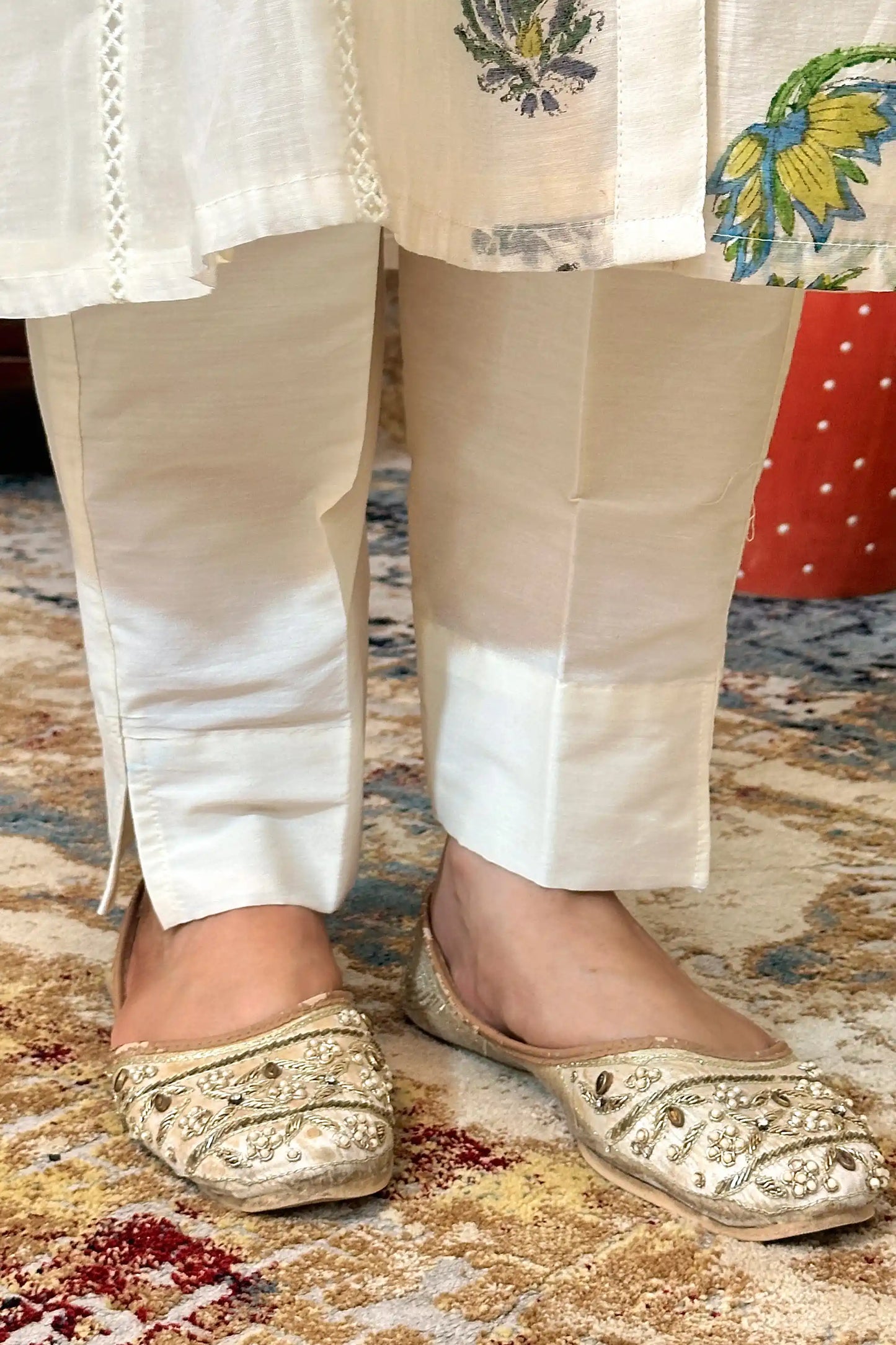 Off-white chanderi A-line kurta and dupatta with blue-green floral hand embroidery and off-white trousers