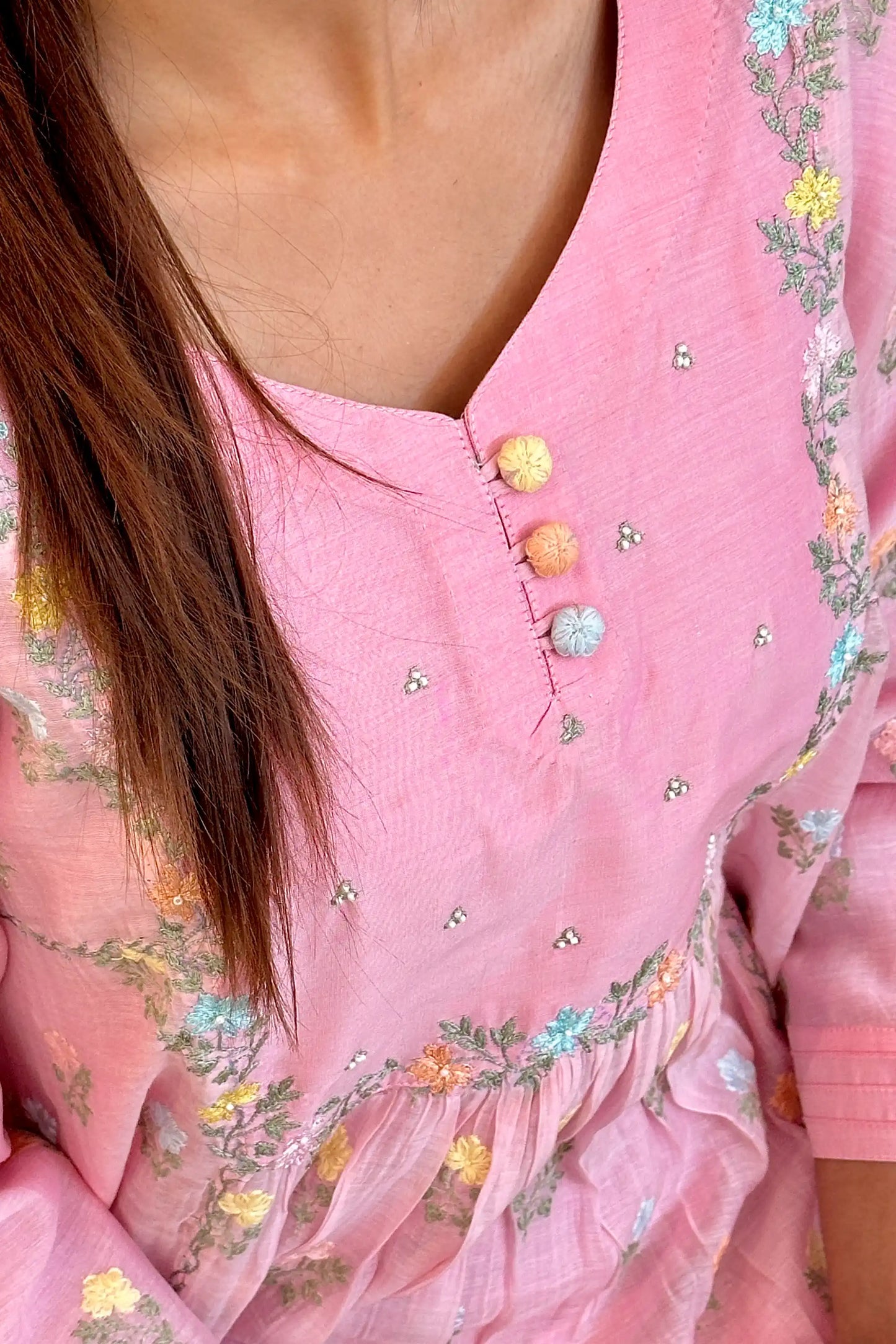 Pink Chanderi Formal Wear Kurta Set with Floral Embroidery