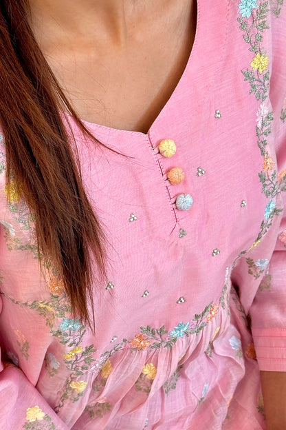 Pink Chanderi Formal Wear Kurta Set with Floral Embroidery