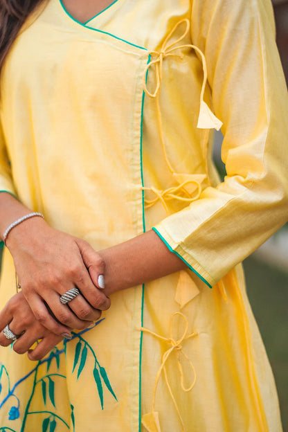 Close-up of the yoke of the yellow angrakha kurta