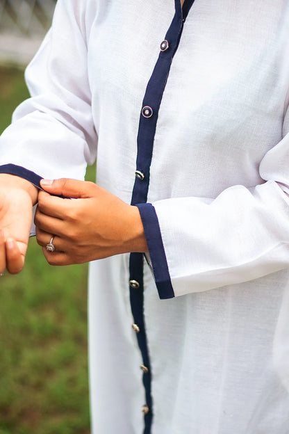 White chanderi patchwork kurta and dupatta with navy blue trousers