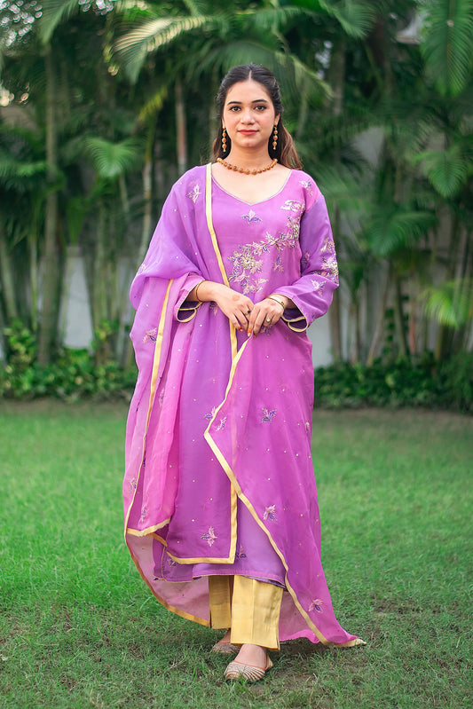 Purple ombre organza kurta, purple chiffon dupatta & golden trousers with zardozi work