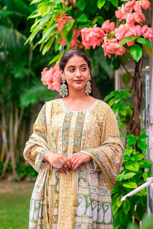 Yellow printed linen kurta, dupatta & white trousers with applique work