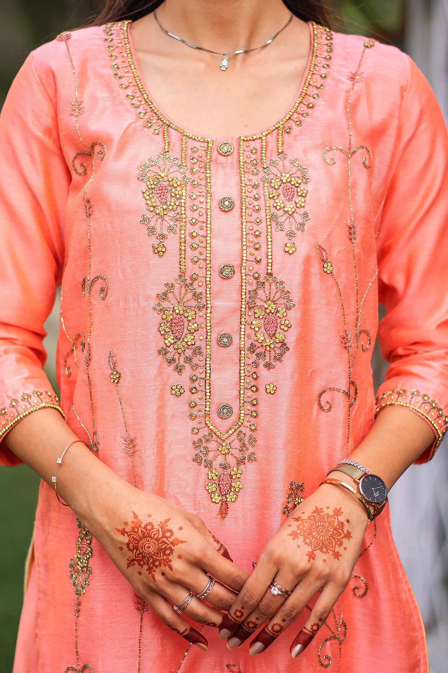 Peach chanderi zardozi work kurta and dupatta with peach palazzo