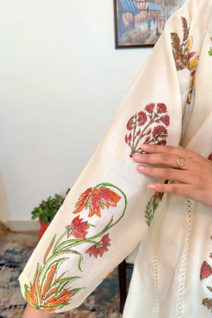 Off-white chanderi A-line kurta and dupatta with multicolour floral hand embroidery and off-white palazzo
