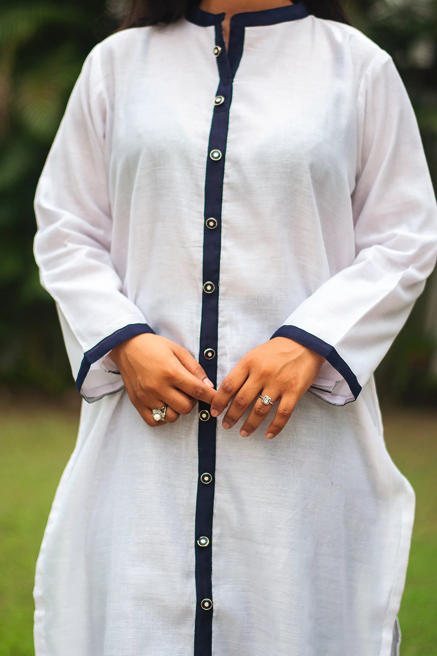 White chanderi patchwork kurta and dupatta with navy blue trousers