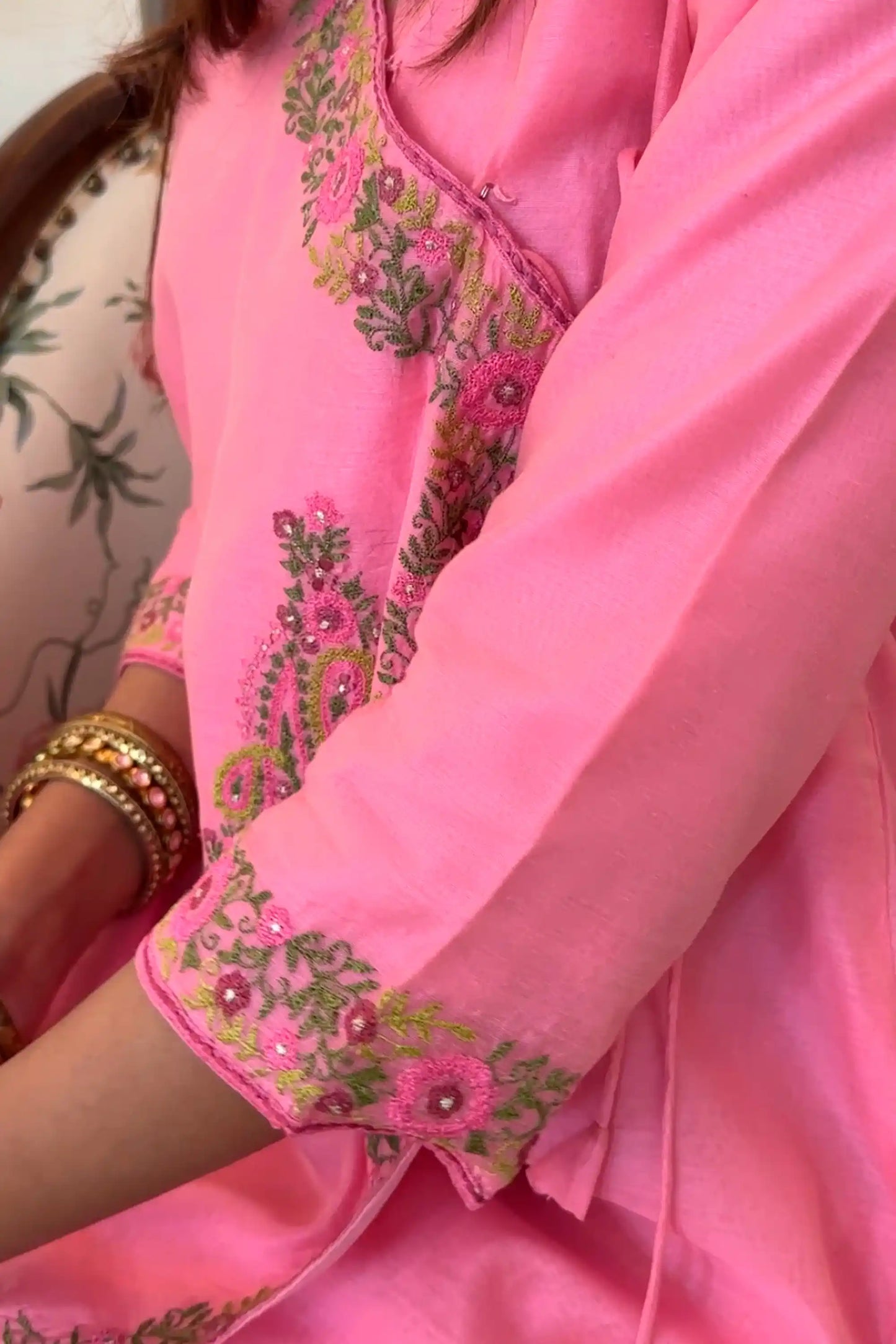 Pink Chanderi Resham Embroidered Angarkha Formal Wear Suit