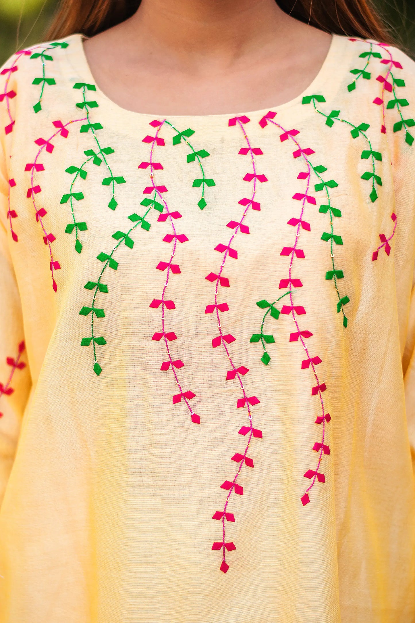 multicoloured applique work yellow chanderi kurta and dupatta with yellow trousers