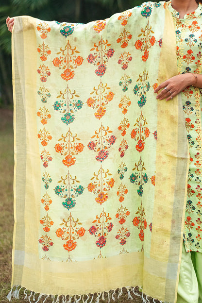 Tea green printed linen kalidar kurta with applique work, green linen dupatta and green palazzo